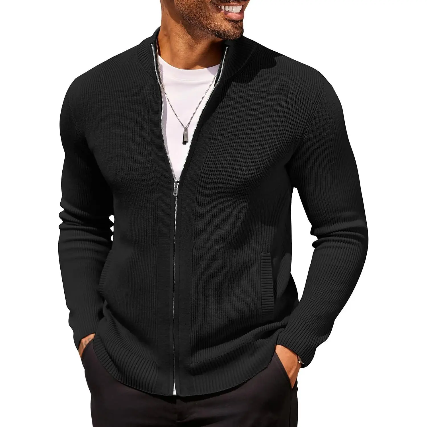 Men's Thick Long-Sleeve Fashion Full-Zip Cardigan Sweater, Slim Fit Casual Knit Stand Collar Tops with 2 Front Pockets, Zipper