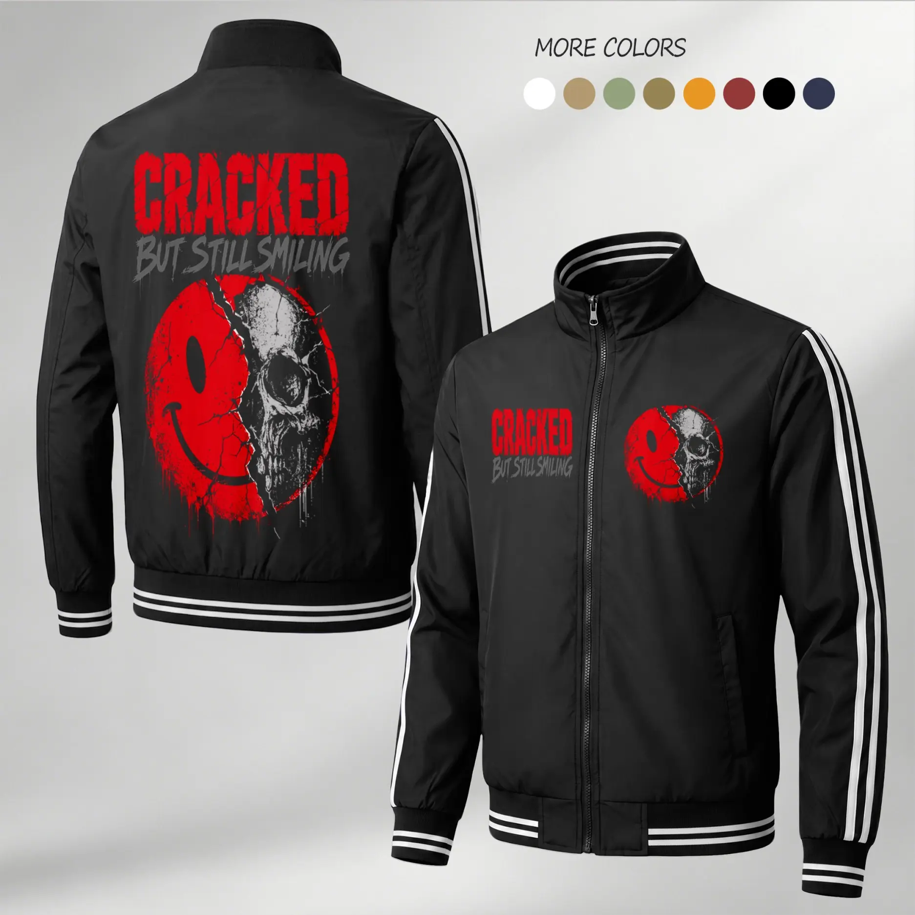 Men's Bomber Flight Jacket with Skull Graphic Print, Lightweight Striped Streetwear Coat with Full Zip & Ribbed Trim, Tops, Urban Casual