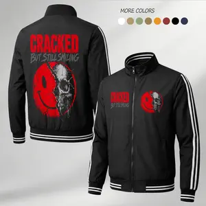 Men’s Cracked Smile Skull Graphic Print Lightweight Bomber Jacket – Dark Streetwear Flight Jacket with Split Face Horror Design, Full Zip Closure, Ribbed Hem & Stripe Sleeve Urban Casual Style