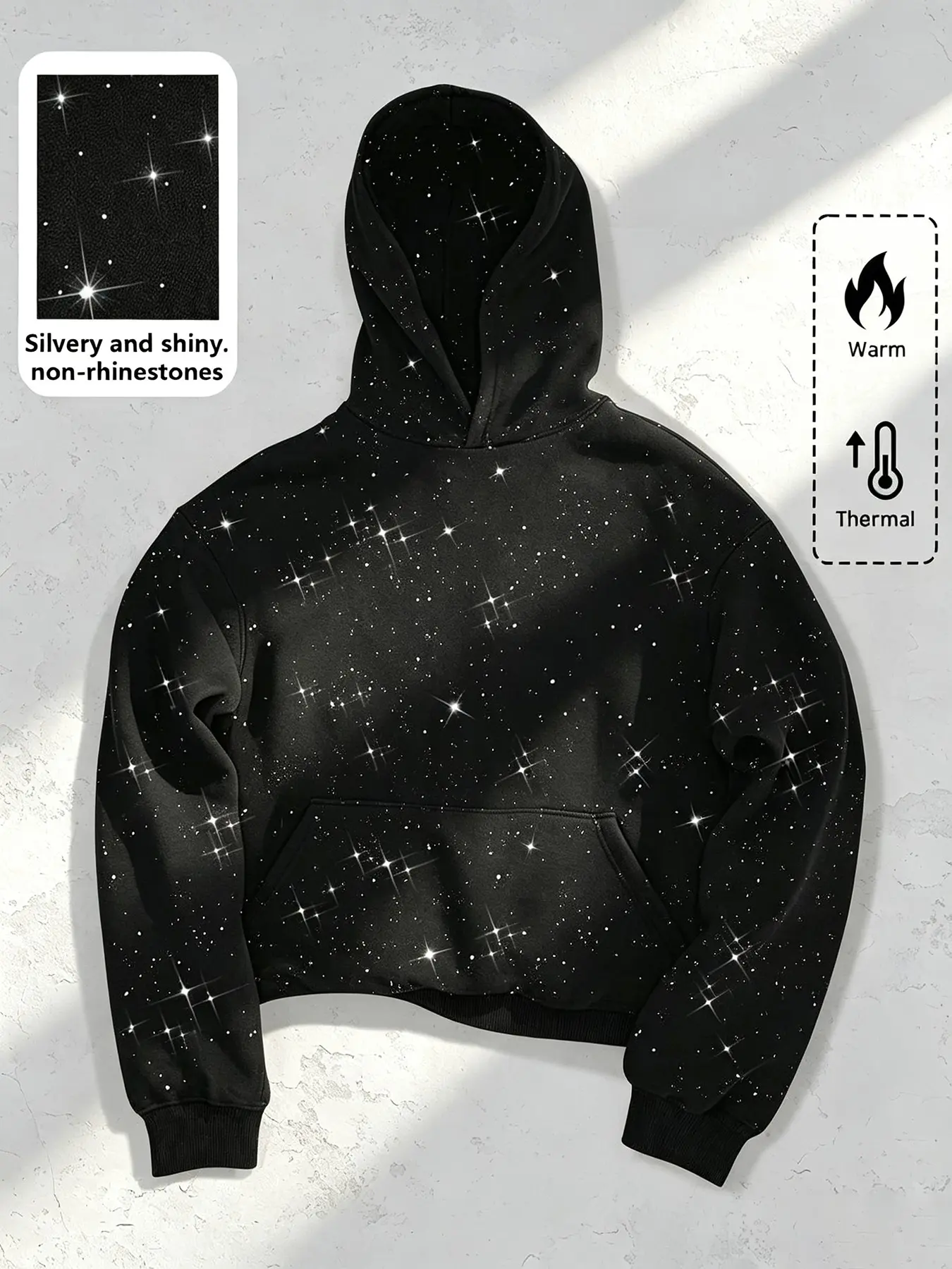 Starry Silver Glitter Short Hoodie for Men and Women, Galaxy Print Fleece Warm Pullover, Sweatshirts, Y2K Millennial Dark Style Fall Winter Top