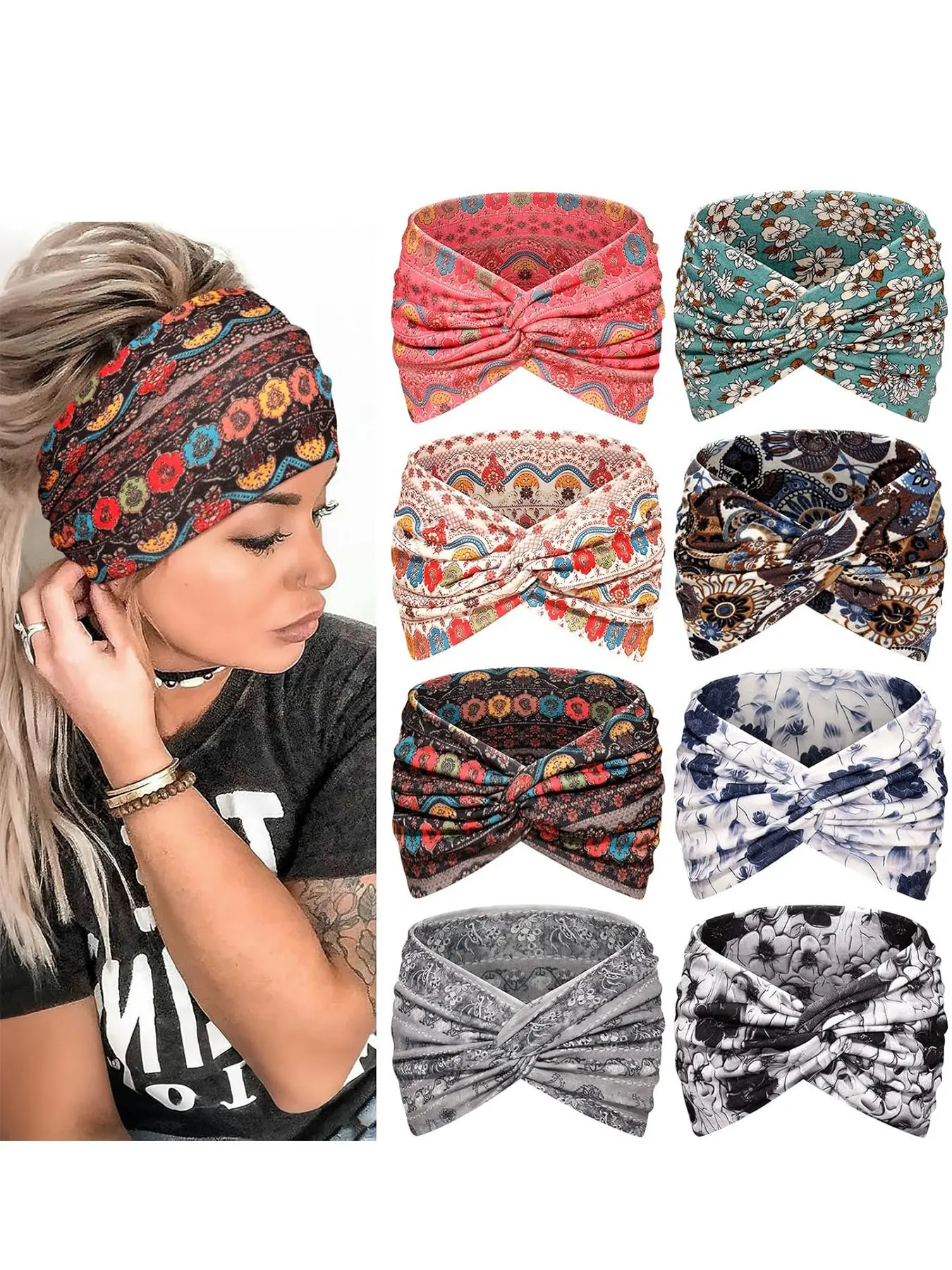 Women's Wide Headband, Boho Style, 7.08" Scarf-like Headband, Anti-Slip Sweat-absorbing Sports Headband, Suitable for Fitness, Yoga, and Daily Fashion Wear, 8-Pack Multicolor Combo Hair Accessories, Non Slip Headbands