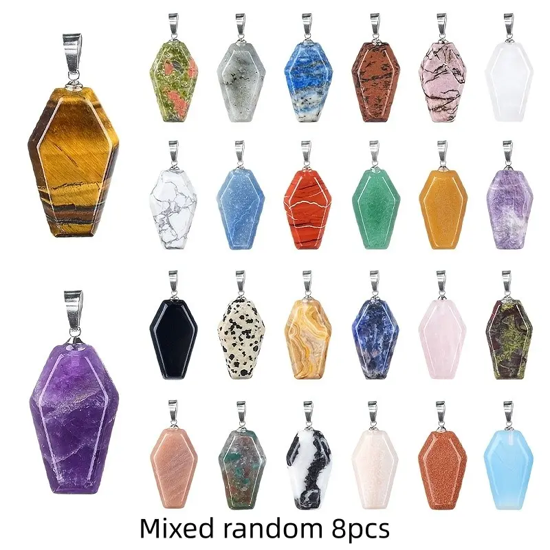 8pcs Natural Crystal Coffin Pendant Necklace, Gothic Halloween Jewelry, Random Color, Festival Accessories, European Style