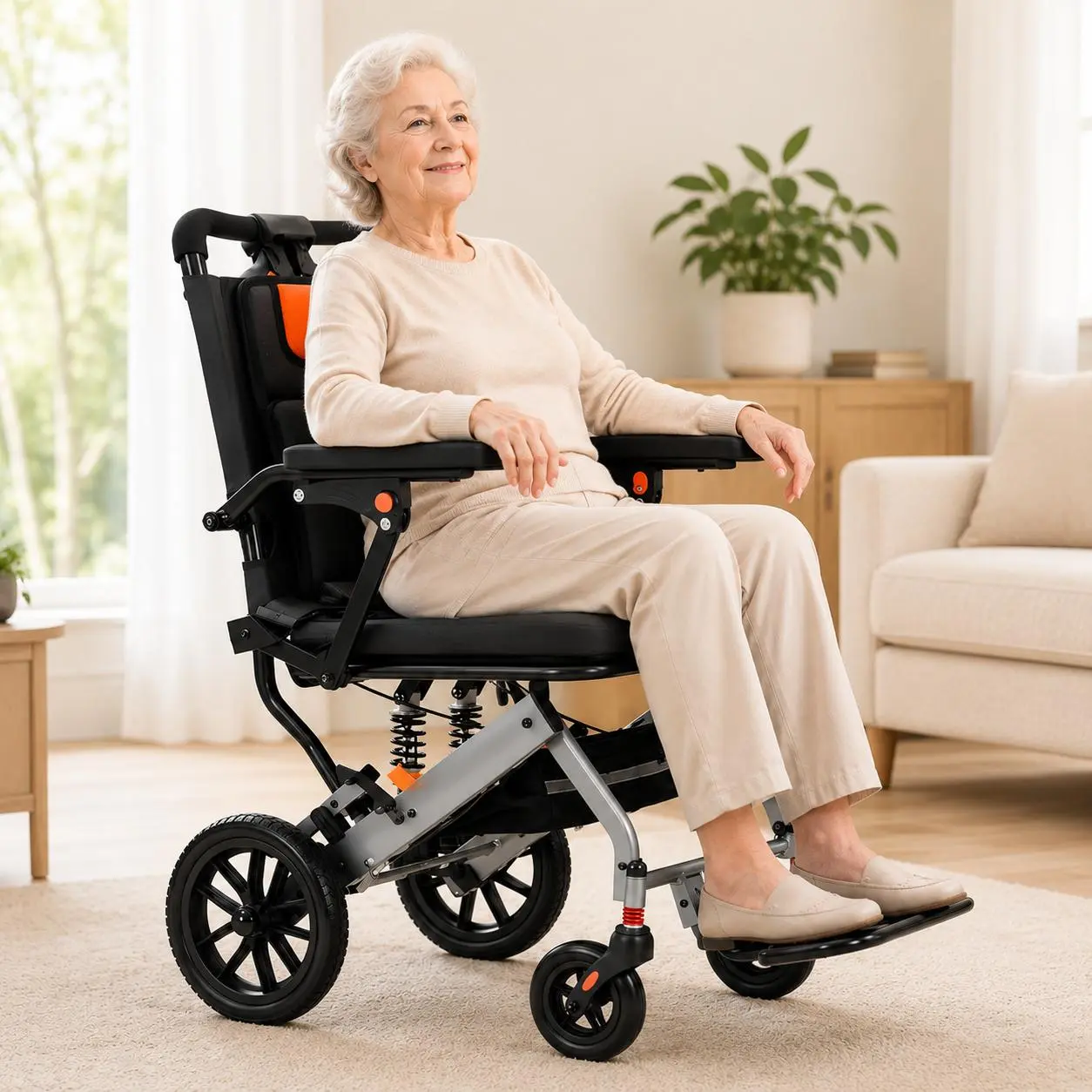 Lightweight Foldable Transport Wheelchair for Adults, Portable Travel Wheelchair with Flip-Back Armrests, Swing-Away Footrests & Locking Handbrakes