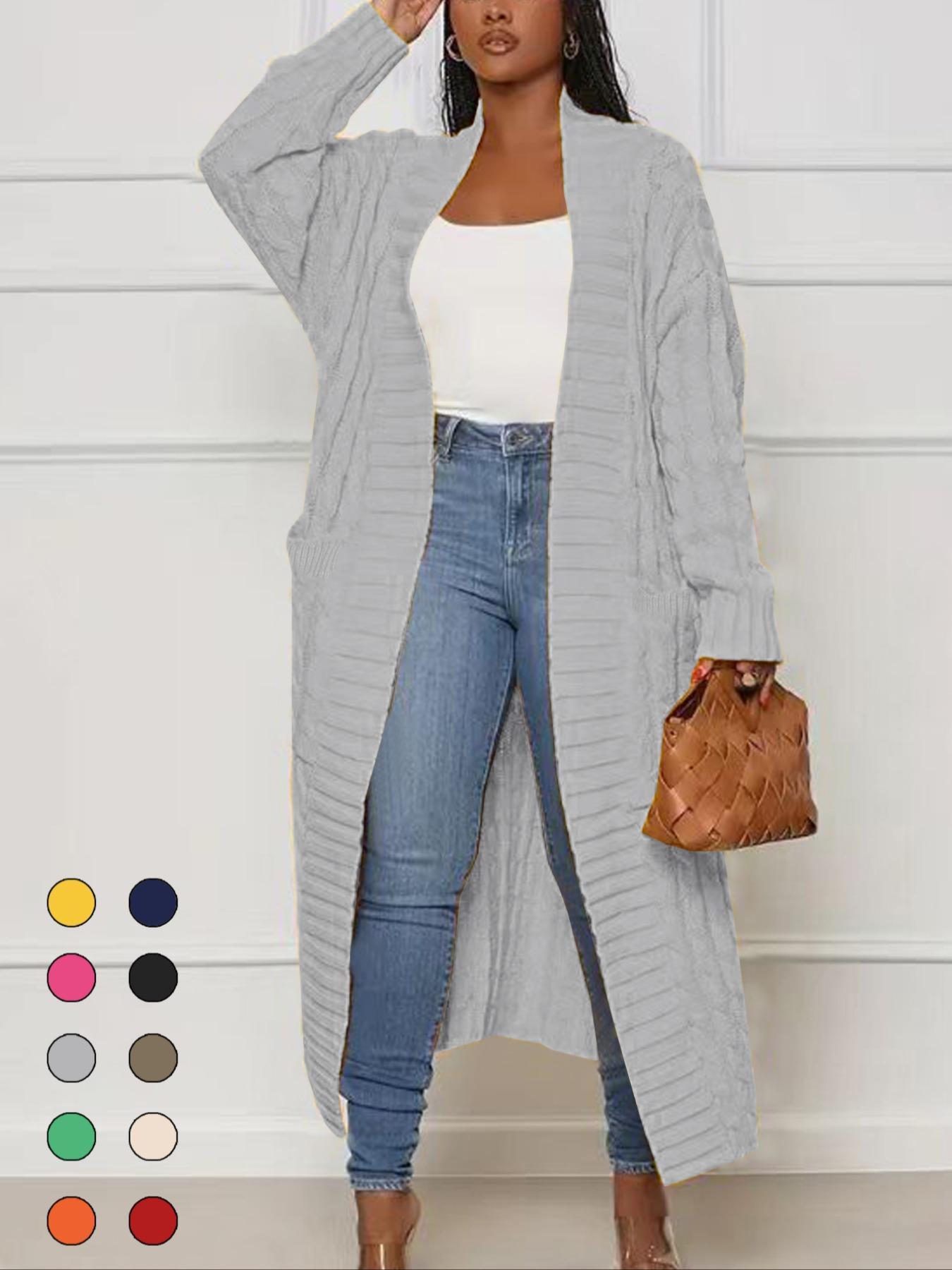 Women's Solid Color Textured Drop Shoulder Pocket Longline Cardigan, Casual Open Front Knitwear for Fall & Winter, Women's Knit Clothing for Daily Wear, Sweaters for Women