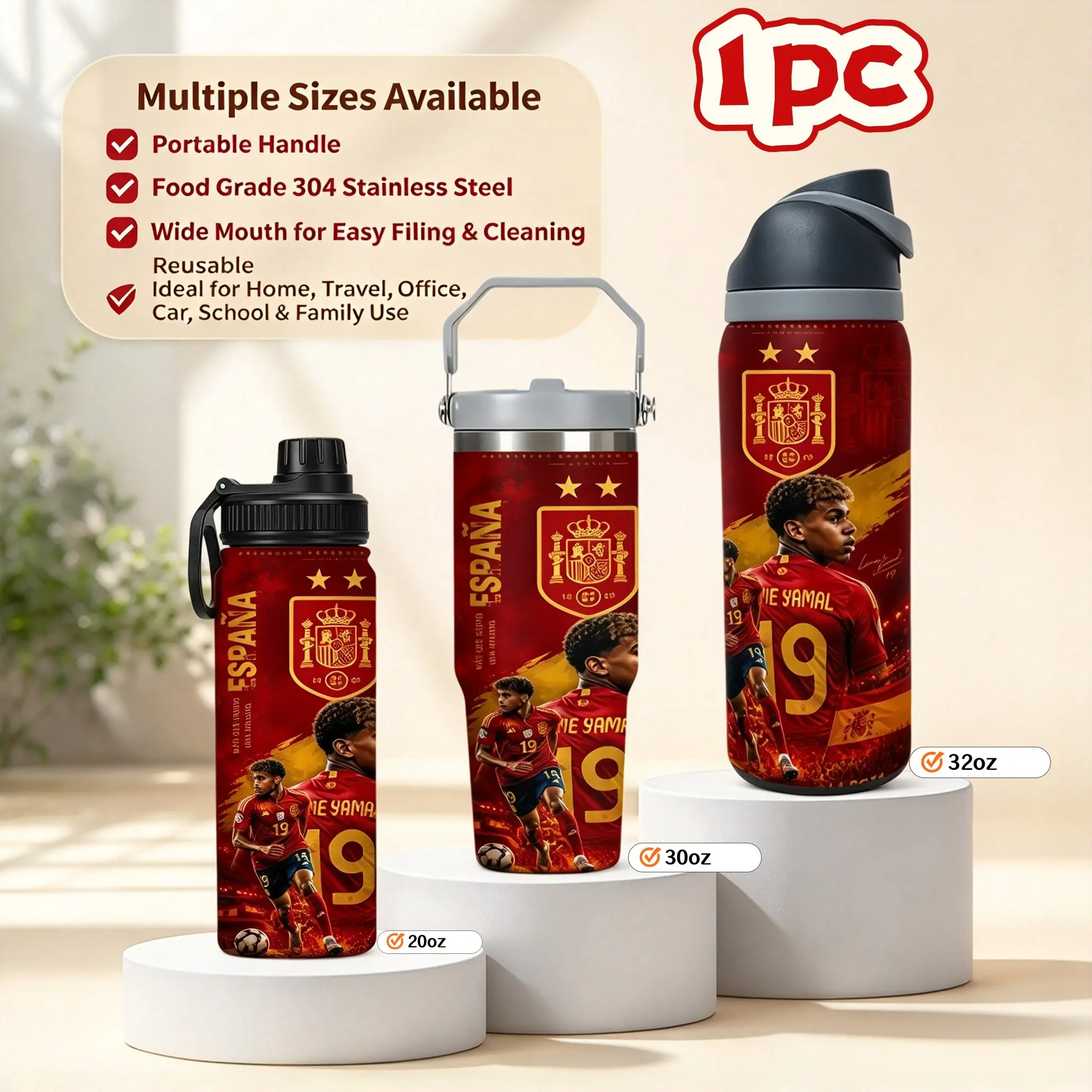 1pc  32oz/30oz/20oz Lamine Yamal No.19 Spain National Football Team Printed Flip Top Water Bottle, 304 Stainless Steel Cold-Keeping Sports Flask, Available in Multiple Sizes, Leakproof Portable Handle Cup, Wide Mouth