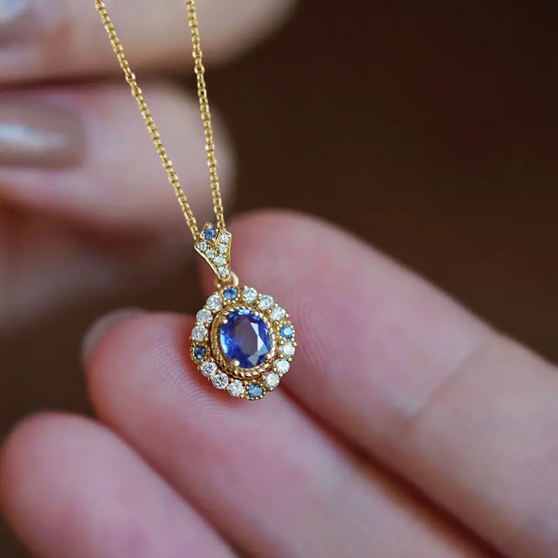 Vintage-Style Pendant Necklace for Women, Gold-Tone Chain with an Oval Blue Sapphire and Crystal Accents for Party Wear, Chain Necklace, Metallic