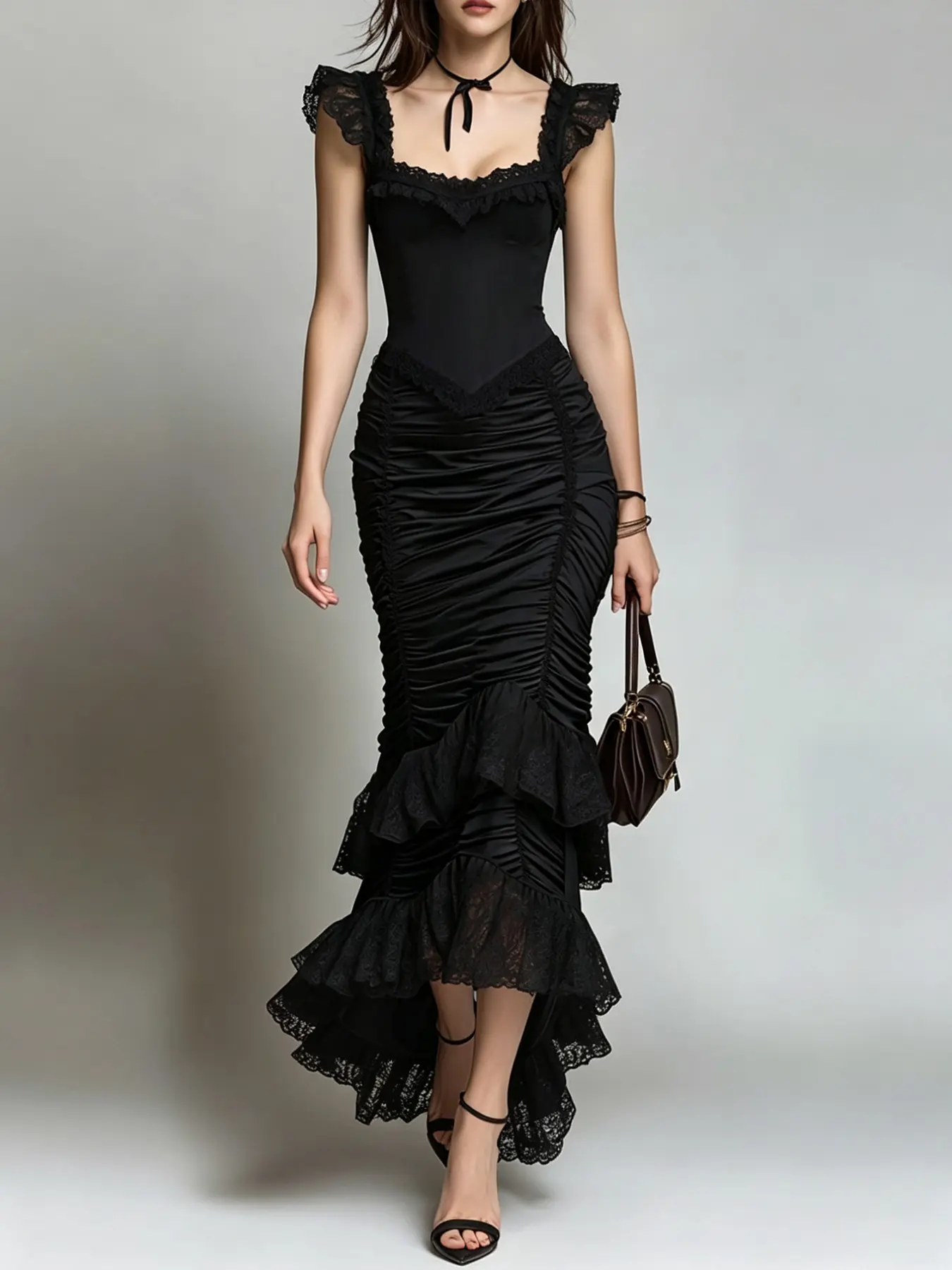 Women's Evening Maxi Gown, Formal, Vintage Goth Prom Dress, Scalloped Lace Square Neck, Corset Waist, Mermaid Fit, Premium Satin Lace, Fall Winter