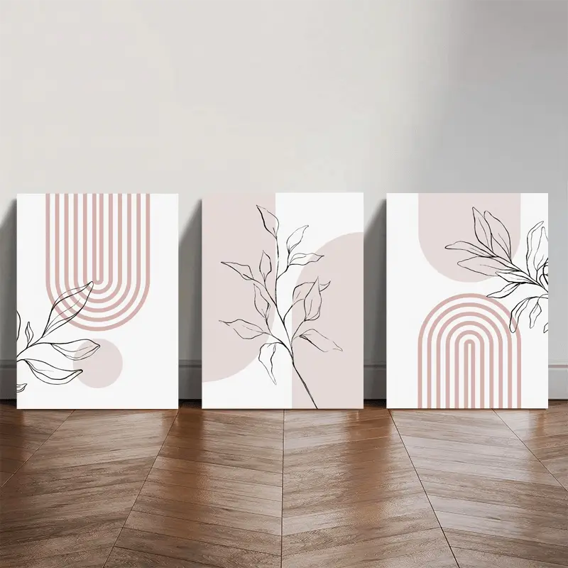 Aesthetic Room Decor Canvas ArtCanvas Wall Art 2D, a set of three 2D canvas paintings, with wooden frames, features distinctive pink wall art, perfect for contemporary minimalist home decor. This bohemian-style plant poster series is ideal for enhanc