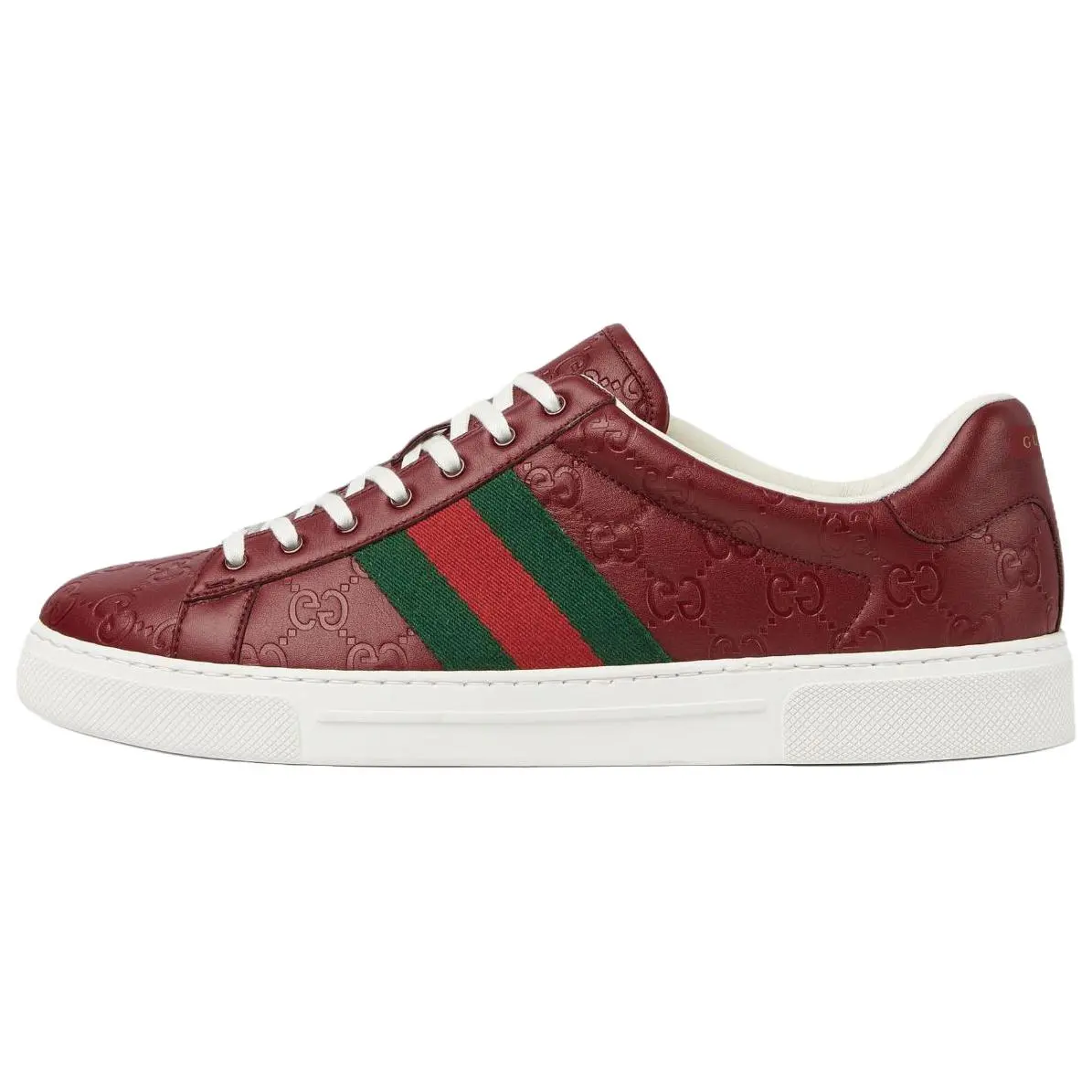 Men's Gucci Ace Leather Low-Top Trainer Sneakers - Red, Embossed Round Toe, Casual Footwear, House White, Maison Mihara Verifiable with Global Authentication Credentials