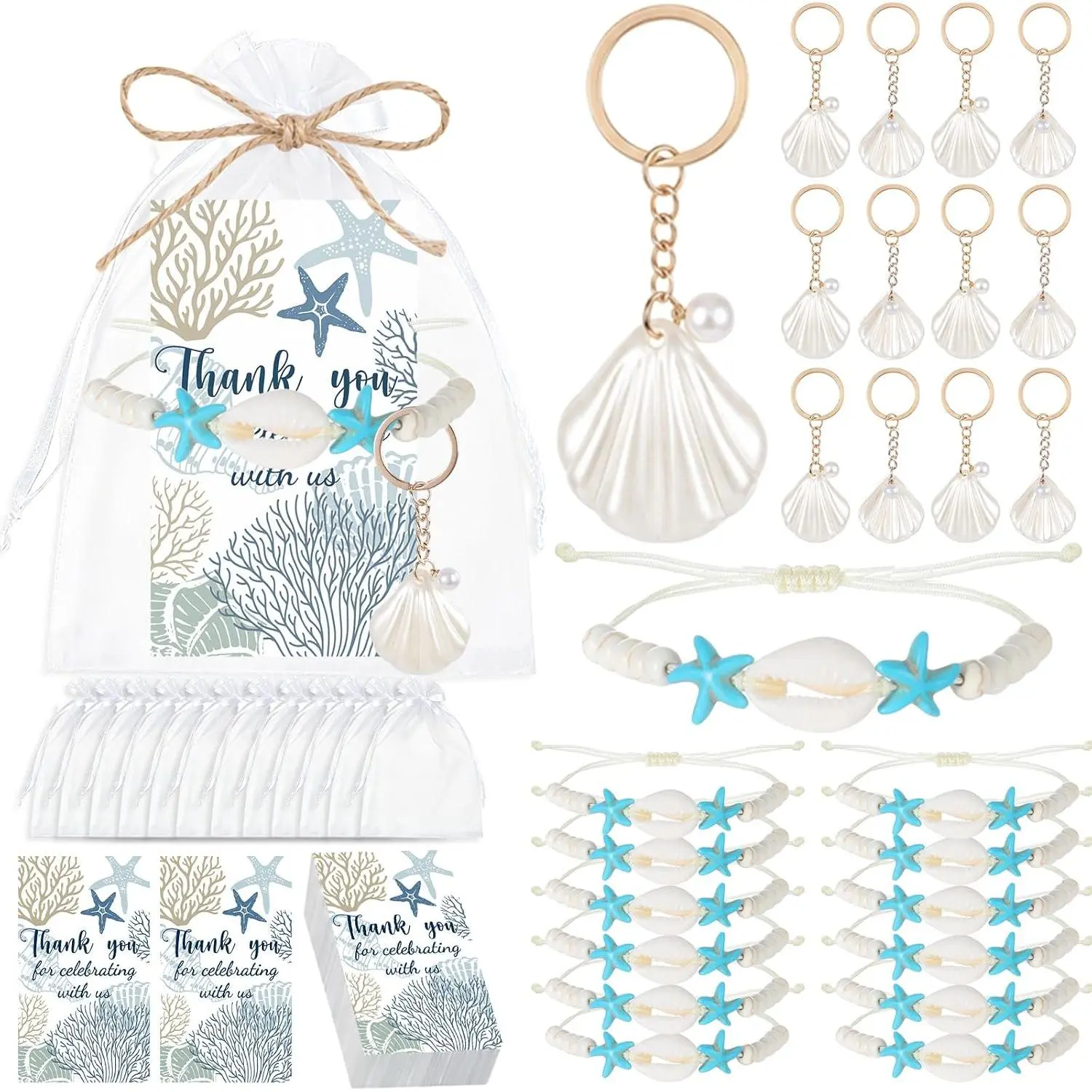 12-Piece Small Size Ocean Themed Stuff Beach Party Gift Favors Set, Coastal Shell Pearl Keychain Bracelets with Cards & Organza Bags for Nautical Wedding Bachelorette Party Supplies, Bulk Set
