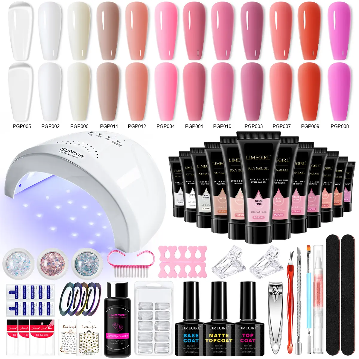 Limegirl Professional Poly Nail Gel Extension Kit, 1 Set Gel with48W UV Lamp, 100Pcs Nail Extension Tips Nail StrengthenerBuilder with Soak-Off UV Gel, Manicure Salon Set, forBeginners, Gift for Women polygel nail kits manicure lover