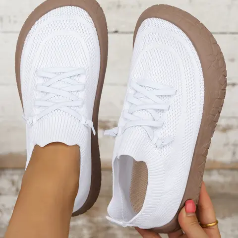 Women's Flyknit Breathable Casual Shoes, Thick Soles Anti-Slip Lazy Sport Shoes, Spring and Autumn Outerwear Multi-Color Options Slip-On Women's Flats