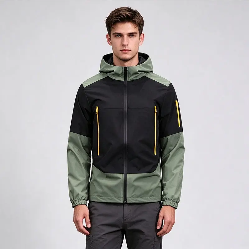 Men’s Color Block Outdoor Hooded Windbreaker Technical Shell Jacket with Yellow Zipper Details Functional Pockets for Casual Sport Streetwear Travel
