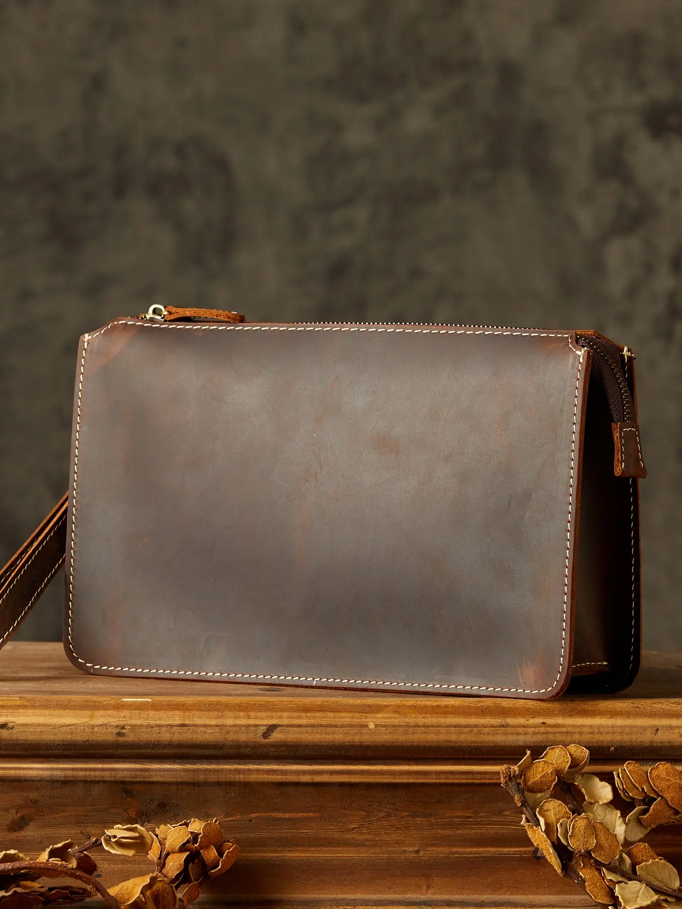 1 piece, handmade original Crazy Horse leather clutch men's wallet, top-grain cowhide handheld bag, casual envelope bag, vintage hand clutch