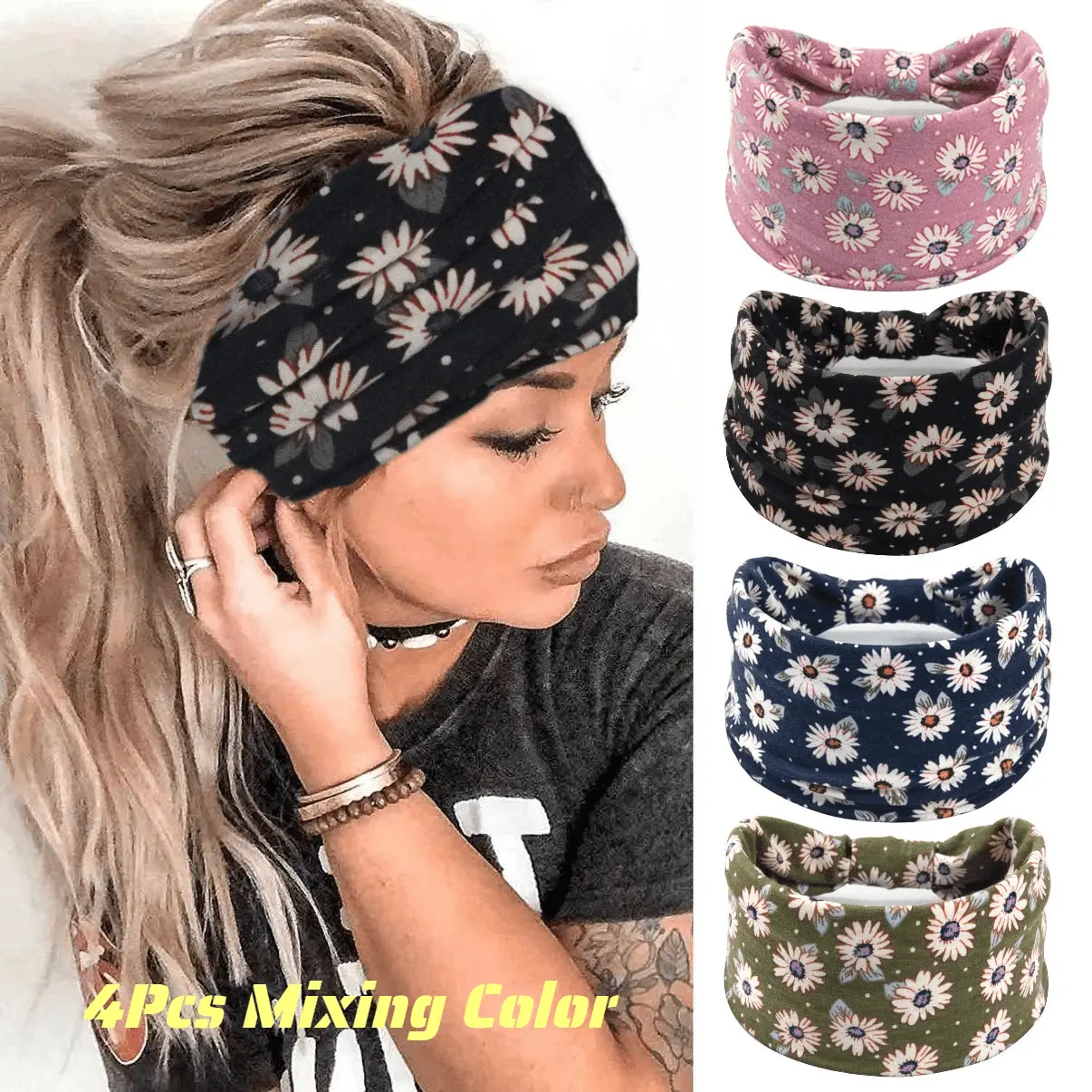 Women's 4-Pack Summer Fresh Daisy Print Wide-Fit Headbands - Elastic Fabric, Comfortable, Breathable Knotted Wide-Edge Headwear for Sports Yoga, Daily Outfits