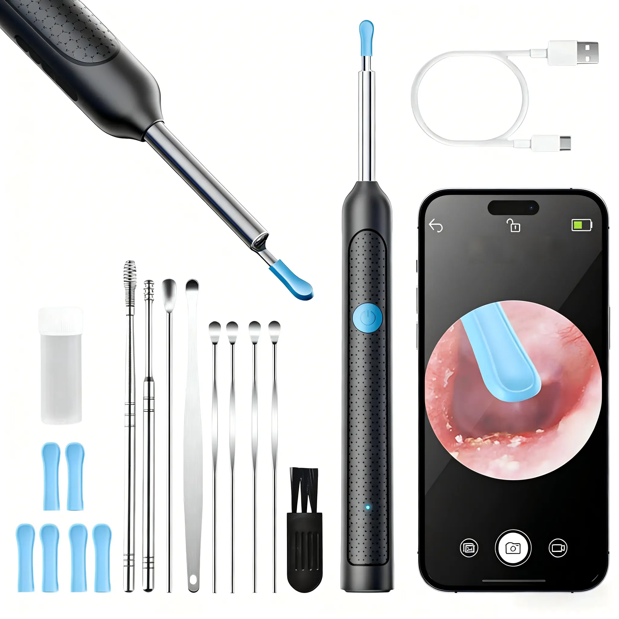 1080P HD EarWax Removal Tool with Camera 6 Ear Spoons Set Rechargeable USB Battery Dual Power Safe Ear Care Gentle with WiFi