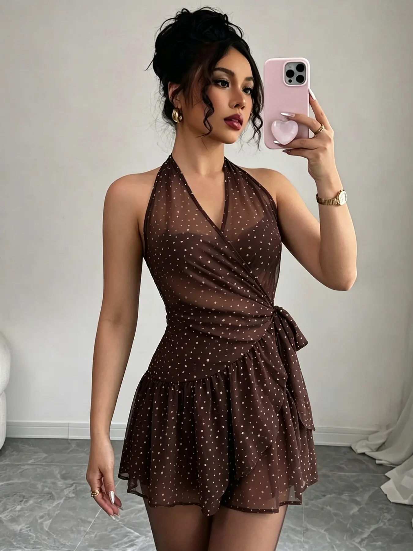 Summer Bestselling Women's Polka Dot Semi-Transparent Dress, Halter Neck Tie Wrap Conceal Fat Slimming Ruffle Short Skirt, French Pure Desire Style
