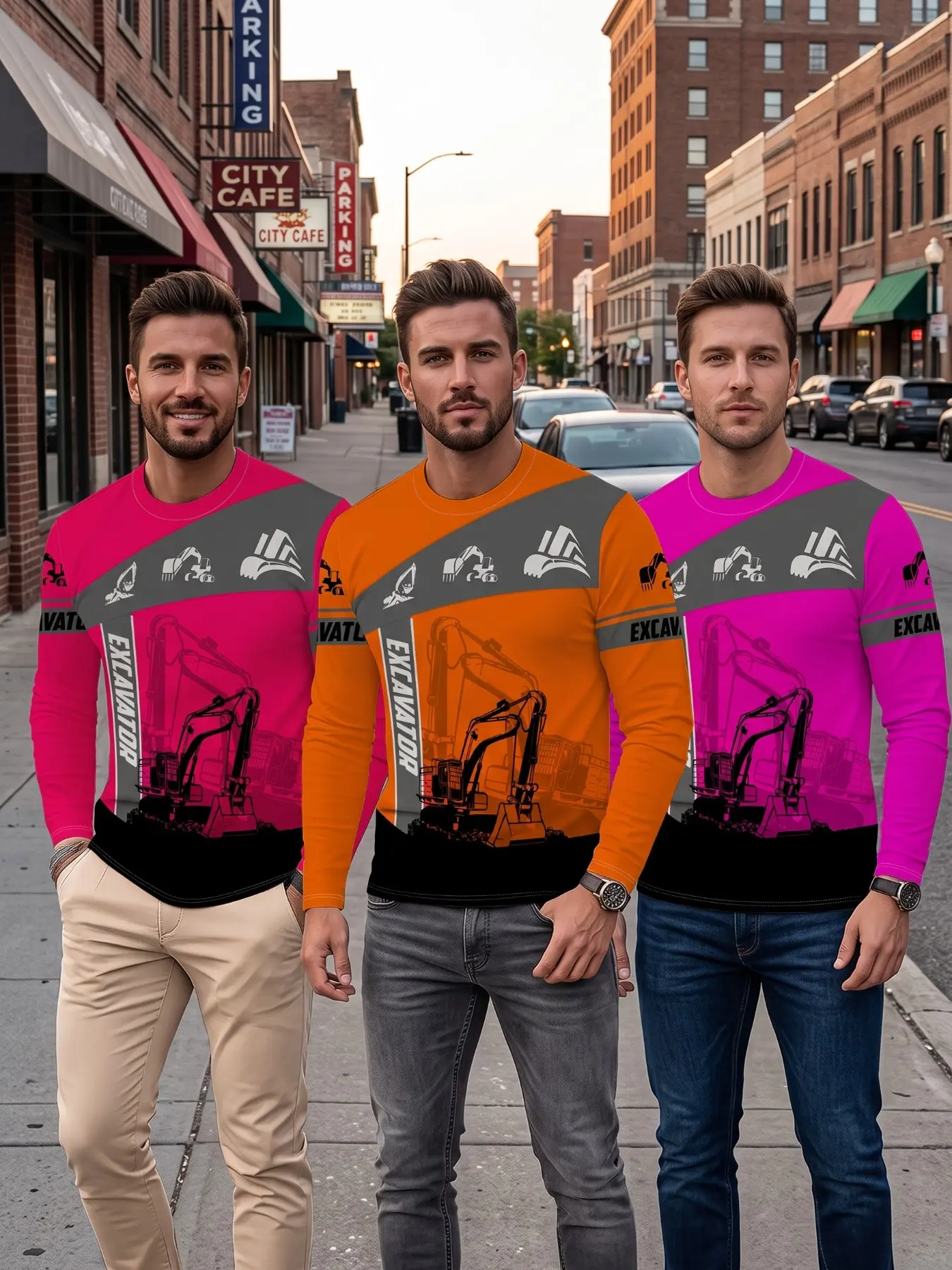 3pcs Men's Long Sleeve T-Shirts, Engineering Excavator Colorblock, Full Print Round Neck, Casual Slim Fit, All Seasons Clothing, All Over Print