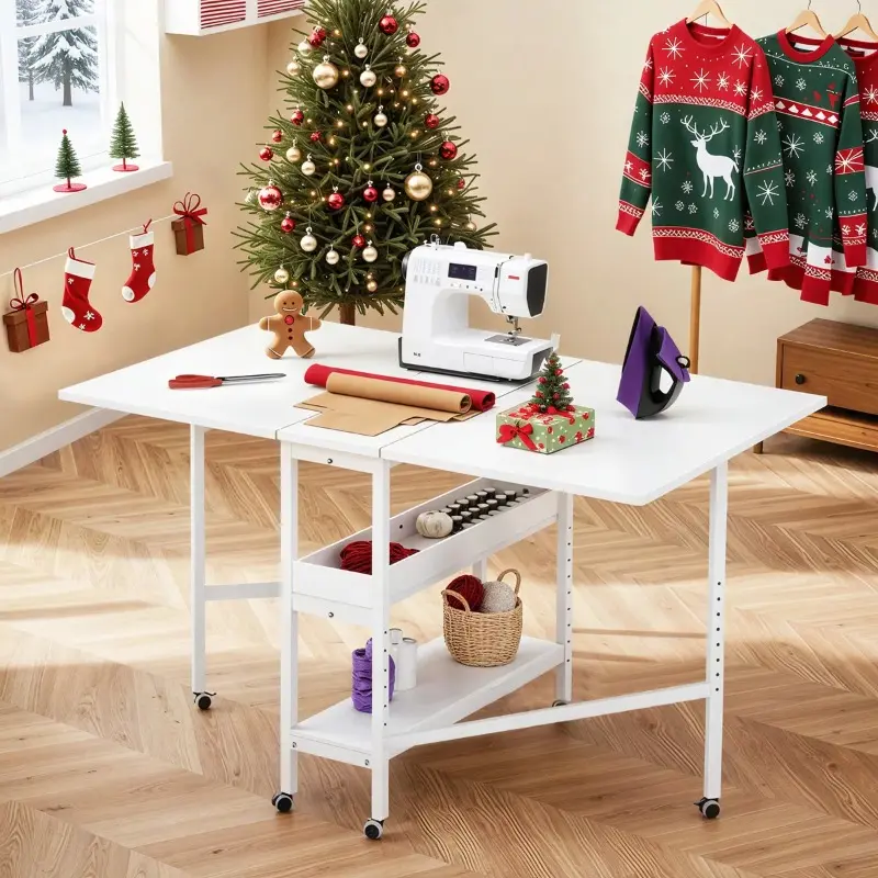 Folding Craft Table with Storage Shelves, Rolling Sewing Table for Fabric Cutting, Mobile Hobby Desk for Craft Room & Home Office
