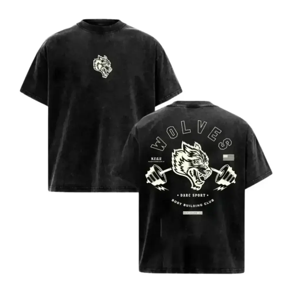 Men's Darc Sport Wolves Bodybuilding Club Vintage Washed Oversized Crewneck Tee, California Heavyweight Cotton Gym Apparel, Weightlifting Street Style Tropical Casual Menswear Top For Guys, Summer Workout & 4th Of July Holiday Daily Training Outfit