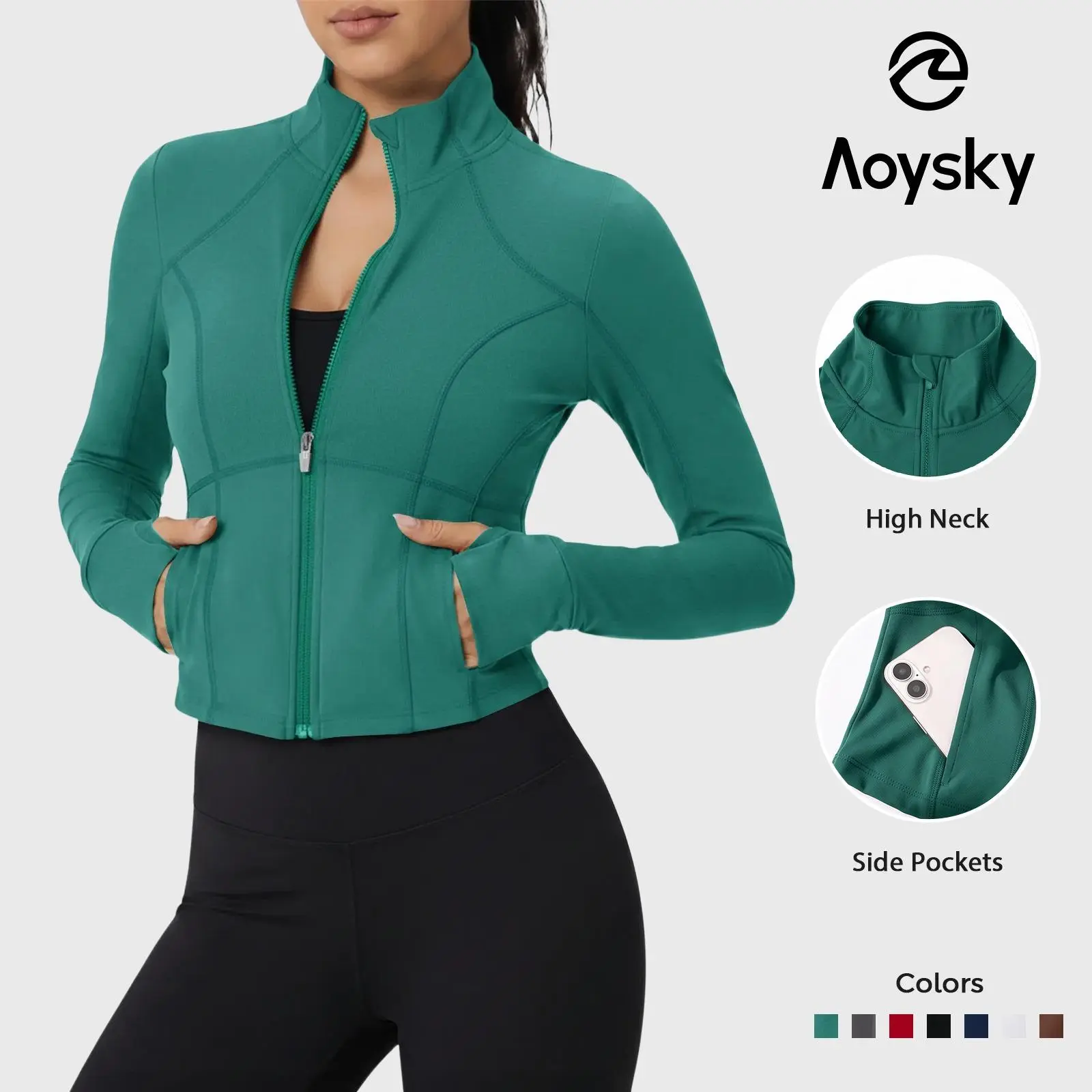 Aoysky Women's Cropped Activewear Jacket - Full Zip-Up, Slim Fit, Lightweight, Thumbhole Athletic Top with Pockets for Running, Yoga