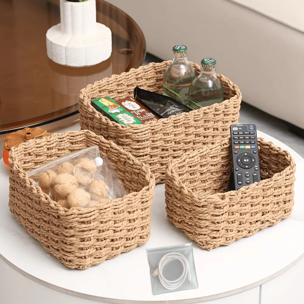 3 Woven Storage Baskets, Square Decorative Storage Basket and Zipper Bag Set, Bohemian Style Handmade Storage Basket, Suitable for Shelves, Storage Racks, Bathroom Cabinets, Drawers, Bathrooms and Living Rooms In Offices or Homes