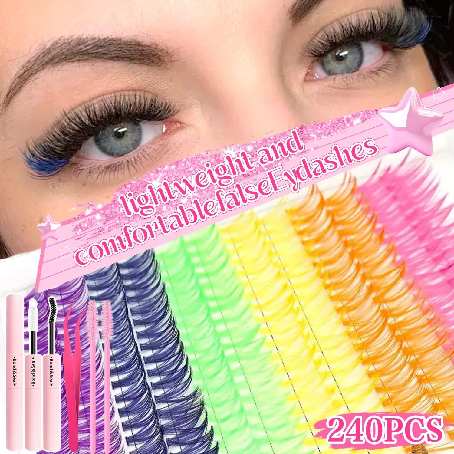 600/392/240Pcs DIY Eyelash Extension Set, Mixed Style Individual Eyelashes with Glue, Tweezers and Brush, Mixed Length & Color D Curl Eyelashes Clusters, Beginner Friendly Lashes, Voluminous Lashes for Parties, Eyelash Extensions Kit, Volume Eyelashes