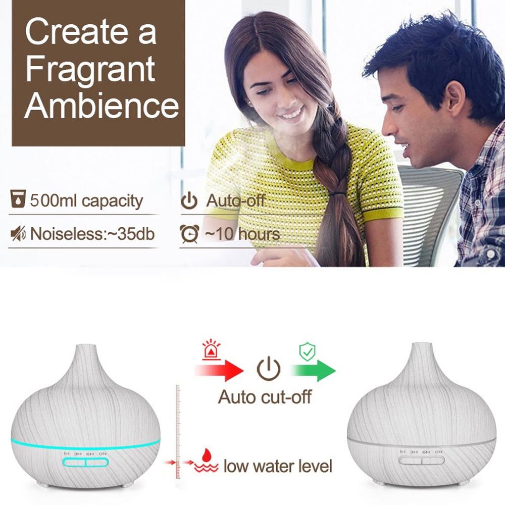 500ml Aromatherapy  Diffuser Wood Grain Remote Control Ultrasonic Air Humidifier Cool 7 Color LED Light