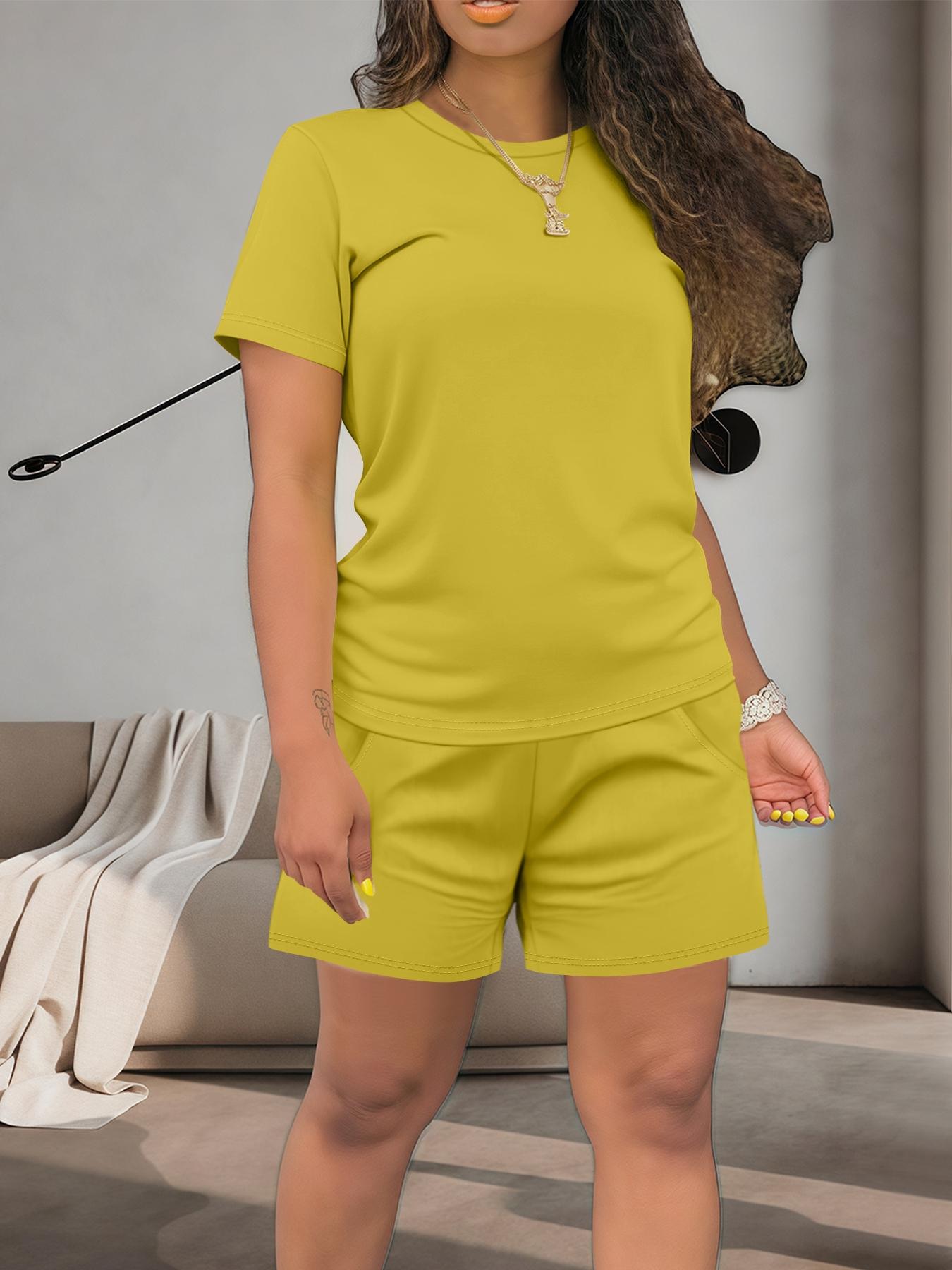 Women's Summer Casual Set, Regular Fit Short Sleeve Top & Shorts, Plain Color Women's, Comfortable Daily Wear Womenswear Fitted Outfit