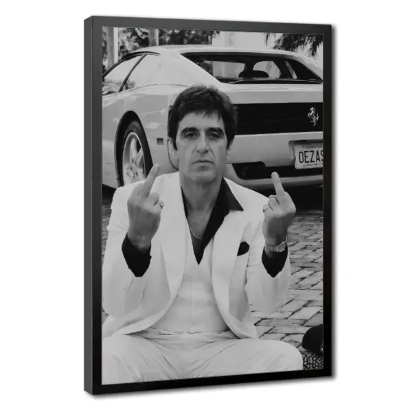 Tony Montana Scarface Framed   Art, 80s Cult Classic Gangster Movie Ready-to-Hang  Print for Bedroom, Living Room, Office, Man Cave Decor, Dark Graphic  Decoration, Gift for Men and Movie Fans