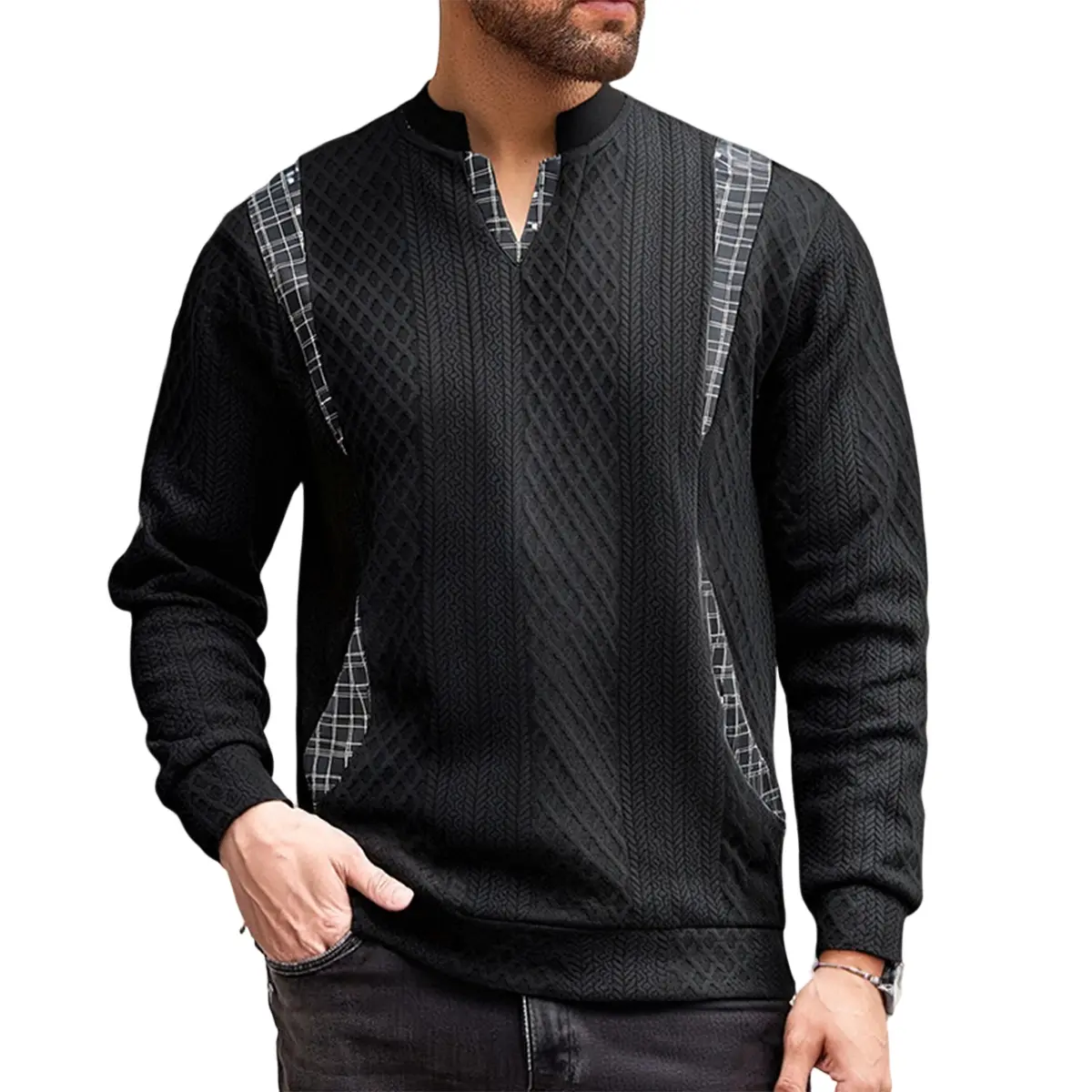 Men's 100% Polyester Diamond Textured Knitwear Pullover - Notch Ribbed Collar, Ribbed Trim, Plaid Panels, Regular Fit, Longsleeves, Soft Breathable Lightweight Menswear, Cold Wash, Standard Size, Business Casual Layer-Friendly Top for Fall Winter
