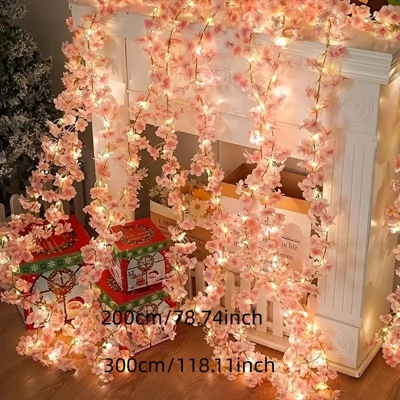 2 Meter Artificial Cherry Blossom Waterfall String Lights, Battery Lights, Led Decoration, Led Lighting, Soft Creamy Style, Waterproof Warm Light, Bedroom Wedding Christmas Decor