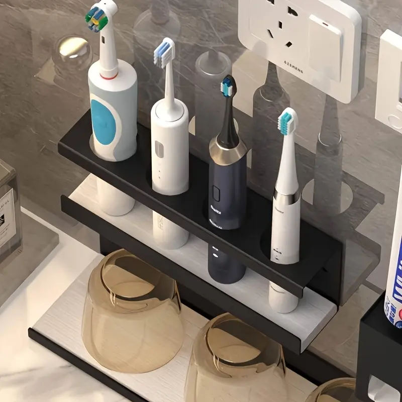 4-Hole Multi-Functional Toothbrush Holder Stand with Diatomite Base, Electric Toothbrush & Toothpaste Storage Rack, Drainage Bathroom Organizer Accessory for Countertop