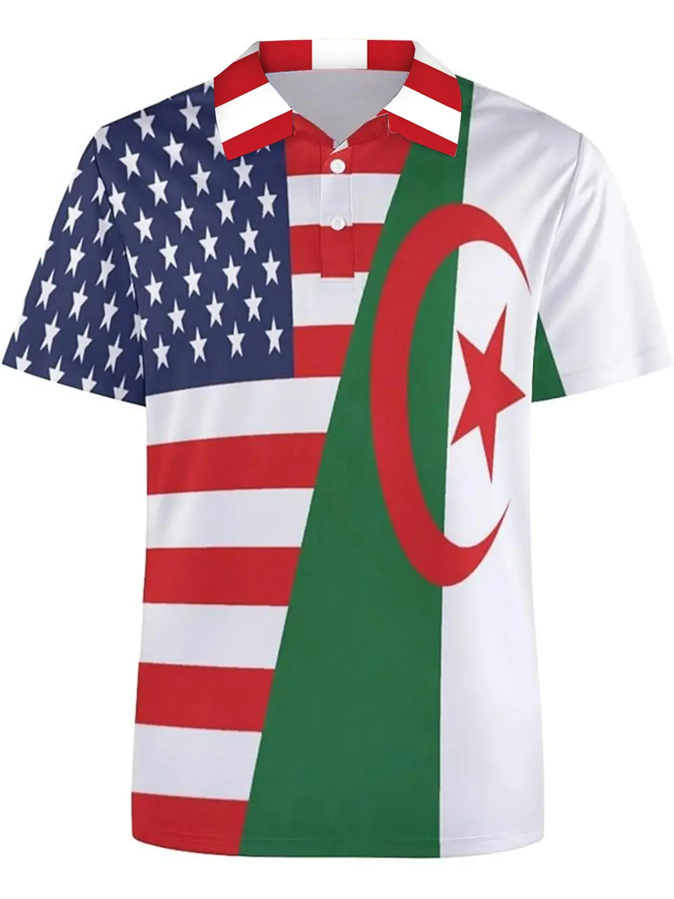 USA & Algeria Dual Flag Print Graphic Print Athletic Polo Shirt Unisex Summer Breathable Short Sleeve, Couple Fashion, Summer Streetwear, Essential Sportswear