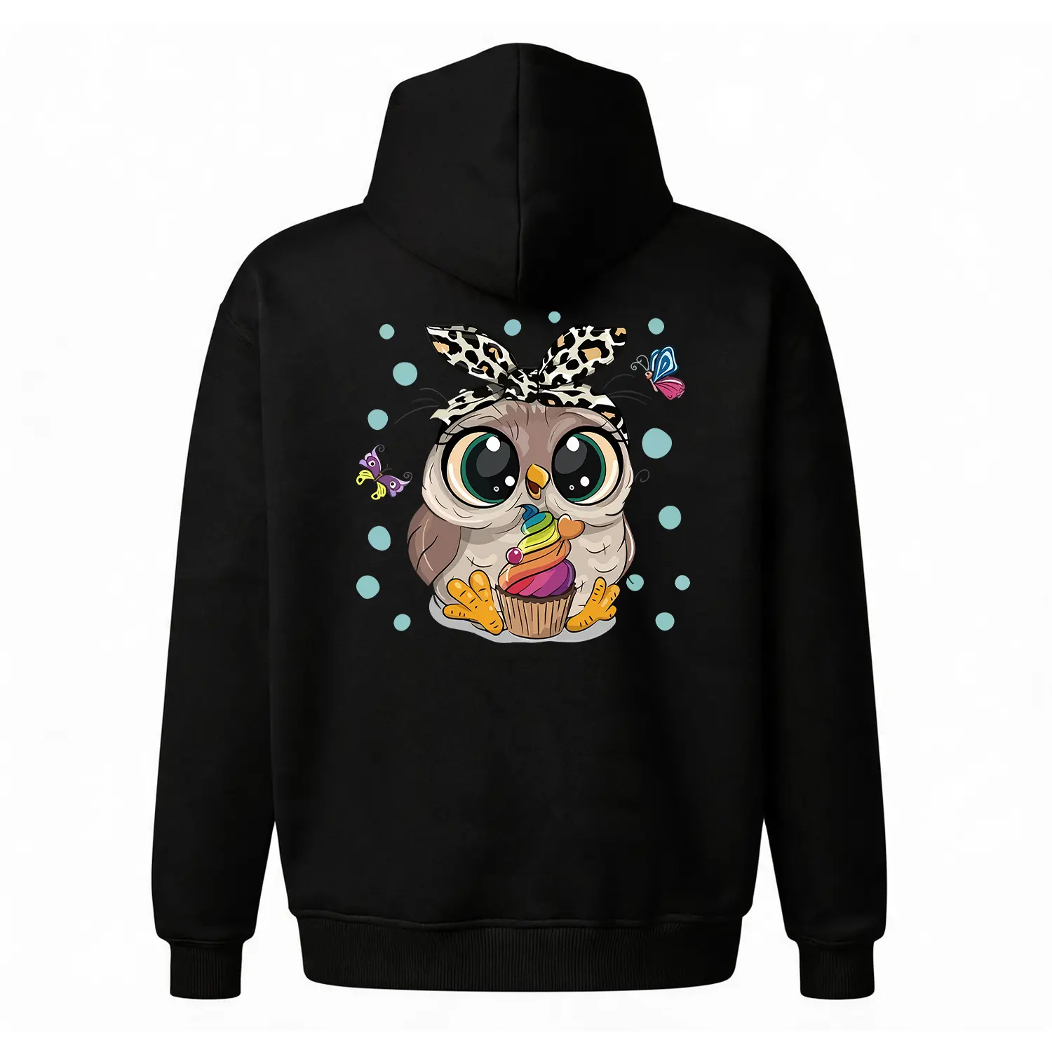 Cute Owl Eating Cupcake Hoodie, Oversized Y2K Aesthetic Sweatshirt, Vintage 90s Cartoon Pullover, Cozy Fleece Unisex Top, Kawaii Graphic Streetwear, Sweet Birthday Gift for Her/Bestie