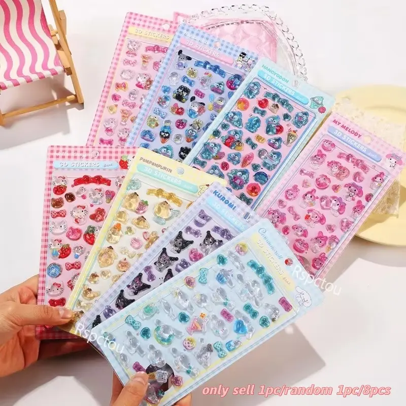 3D Sanrio Hello Kitty Kuromi Cinnamoroll Stickers Cute Anime Transparent Jelly Crystal Decorative Stickers Phone Cases DIY Toys Gift Decoration Handbooks Decoration Computer Stickers