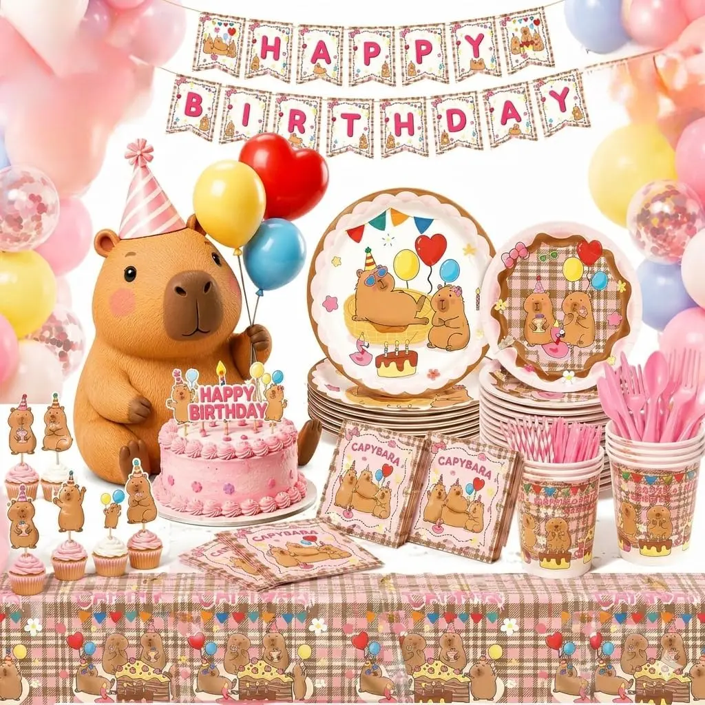 212 Pcs Capybara Birthday Decorations for 24 Guests, Including Capybara Plates, Napkins, Tablecloth, Balloons, Banners, Cake Toppers, Cupcake Toppers & More for a Whimsical Animal-Themed Celebration!    （Translation notes:   1. "Capybara" is a proper noun