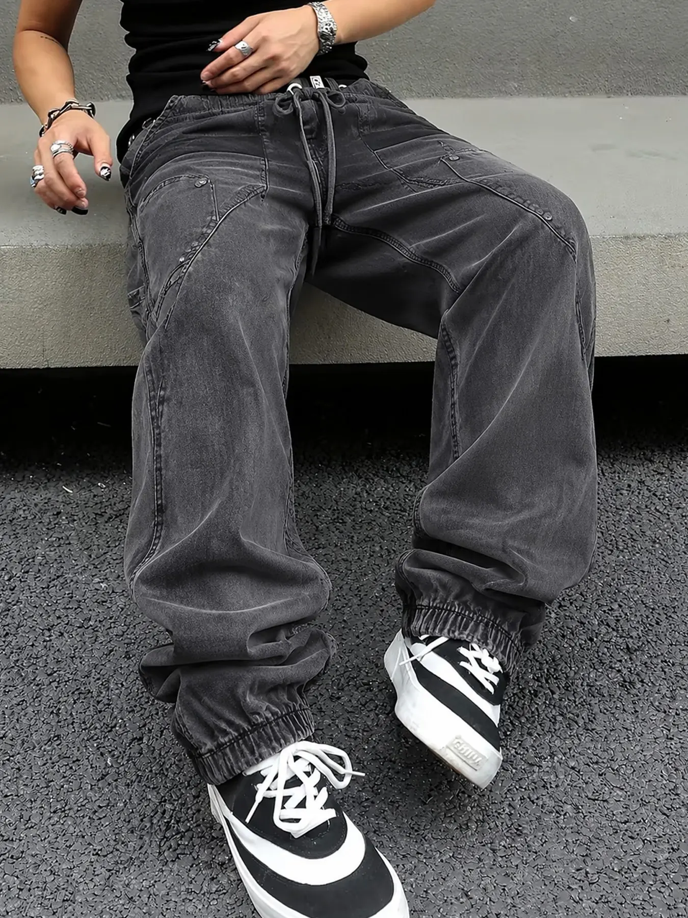 Men’s Charcoal Gray Washed Denim Jogger Pants with Drawstring Waist, Utility Pockets and Elastic Cuffs, Relaxed Fit Casual Jeans