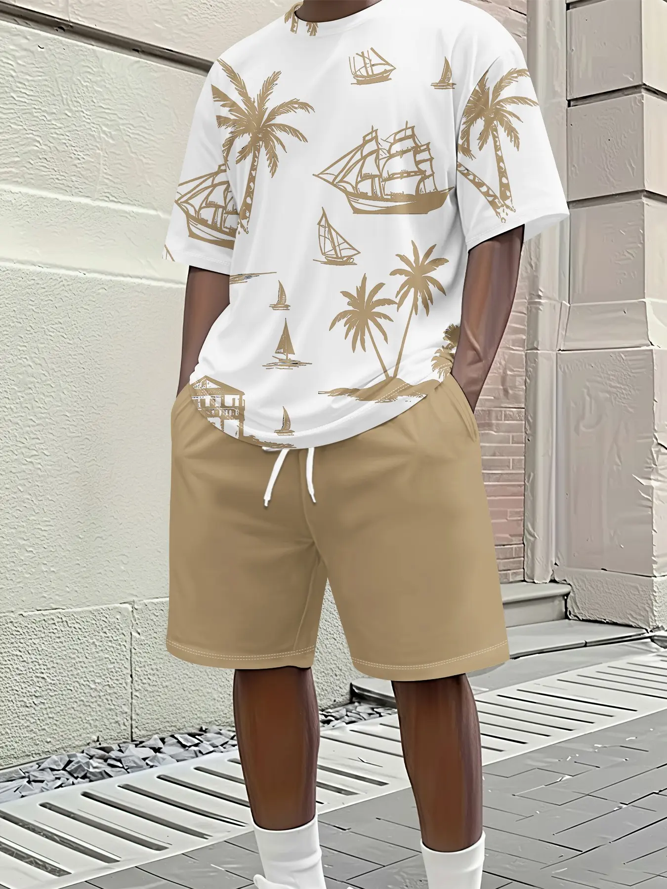 Two-piece set with minimalist trendy casual 3D digital print featuring white background, navy sailboats, coconut trees and island resort elements, 2Pcs, fashionable suit, trendy retro casual two-piece outfit, trendy resort-style wear, breathable sporty ca