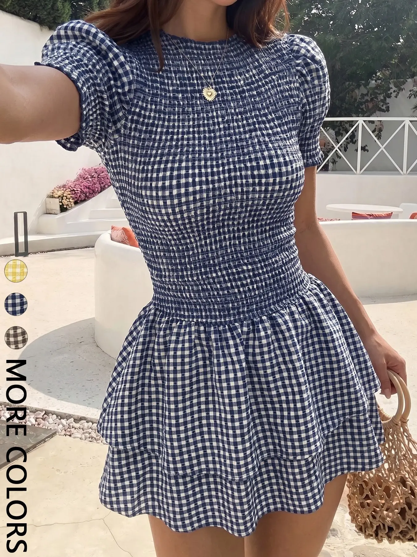 Women's Casual Plaid Short Dress, Puff Short‑Sleeve, Ideal for Party, Beach Vacation, Daily Wear and Gatherings