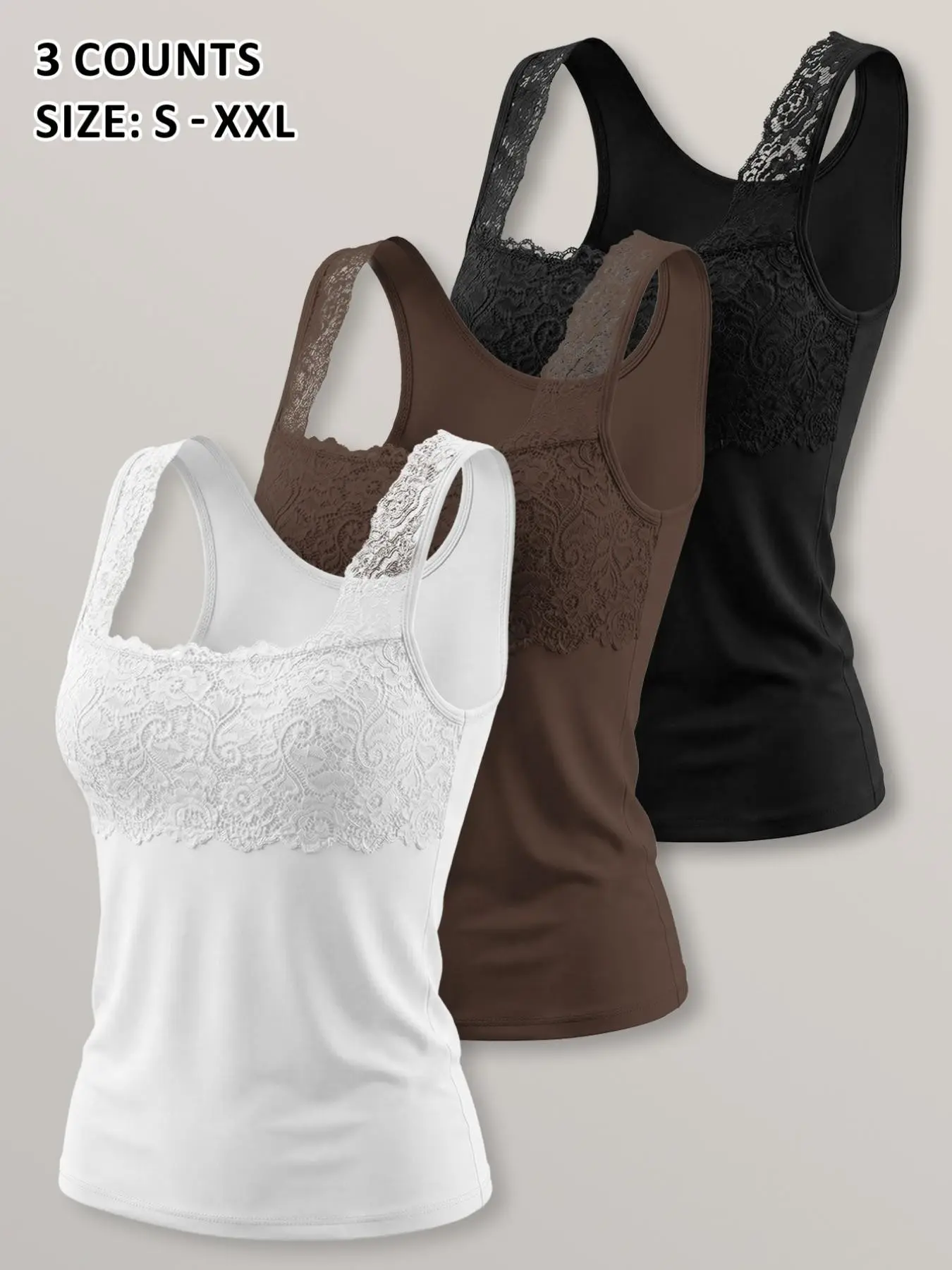 3-Counts Set Women's Spring Summer Lace Trim Tank Tops, Plus Size Solid Color Slim Fit Outerwear Innerwear Base Layer Top
