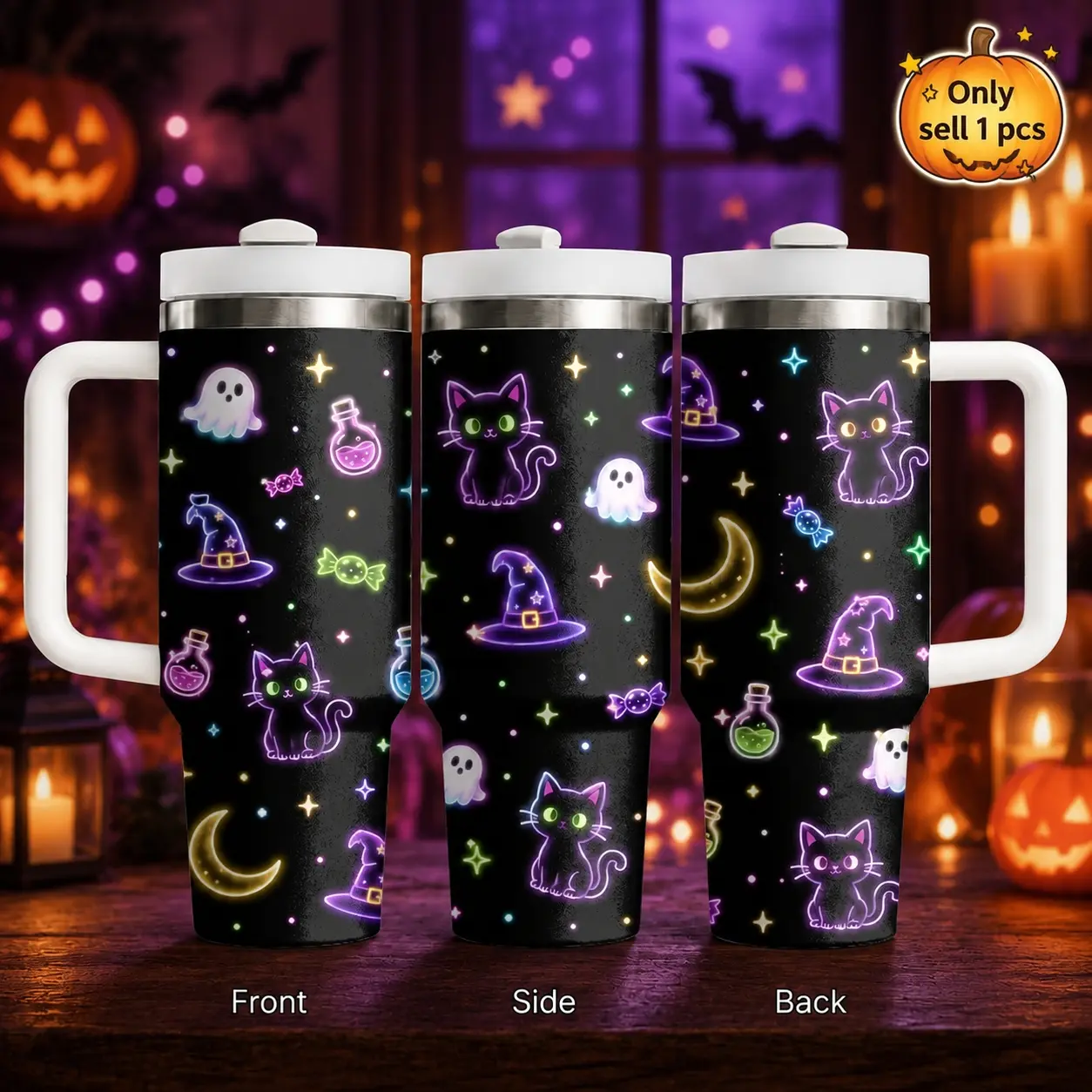 Halloween Neon Ghost Cat Tumbler 40oz Stainless Steel Vacuum Insulated Cup with Handle and Straw, Witch Hat Pattern Leakproof Travel Mug for Gym Office Insulated Tumblers