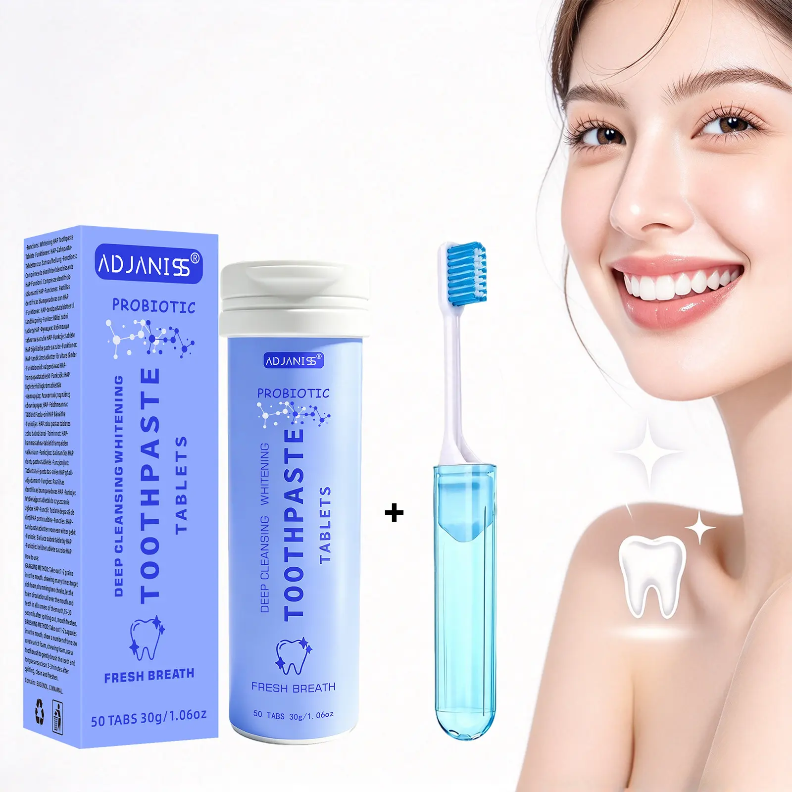 Adjaniss Probiotic Chewable Toothpaste Tablets, Folding Travel Toothbrush, Deep Cleansing, Fresh Breath, Portable Oral Care Set