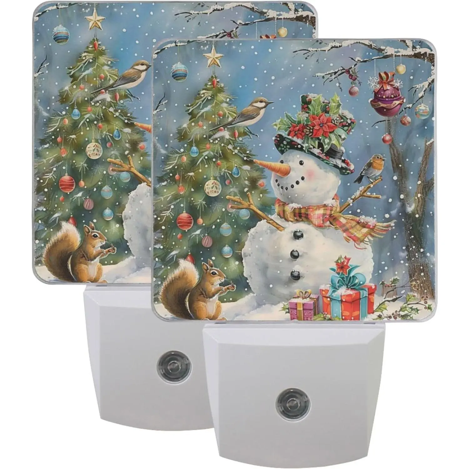 2-Pack Winter Snowman Birds LED Sensor Night Light, Indoor Synthetic Low Energy Desk Lamps with Adjustable Brightness, Auto On/Off, Eye-Caring for Bedroom Office Festive Decorations