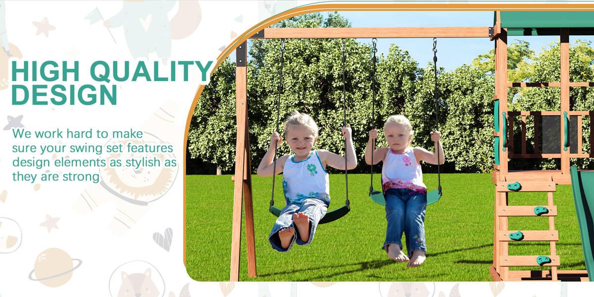 Swing Sets For Backyard, 4-in-1 Outdoor Swing Set With Slide, Climbing Rock Wall, And Soft Cushion Swings For Backyard Playground