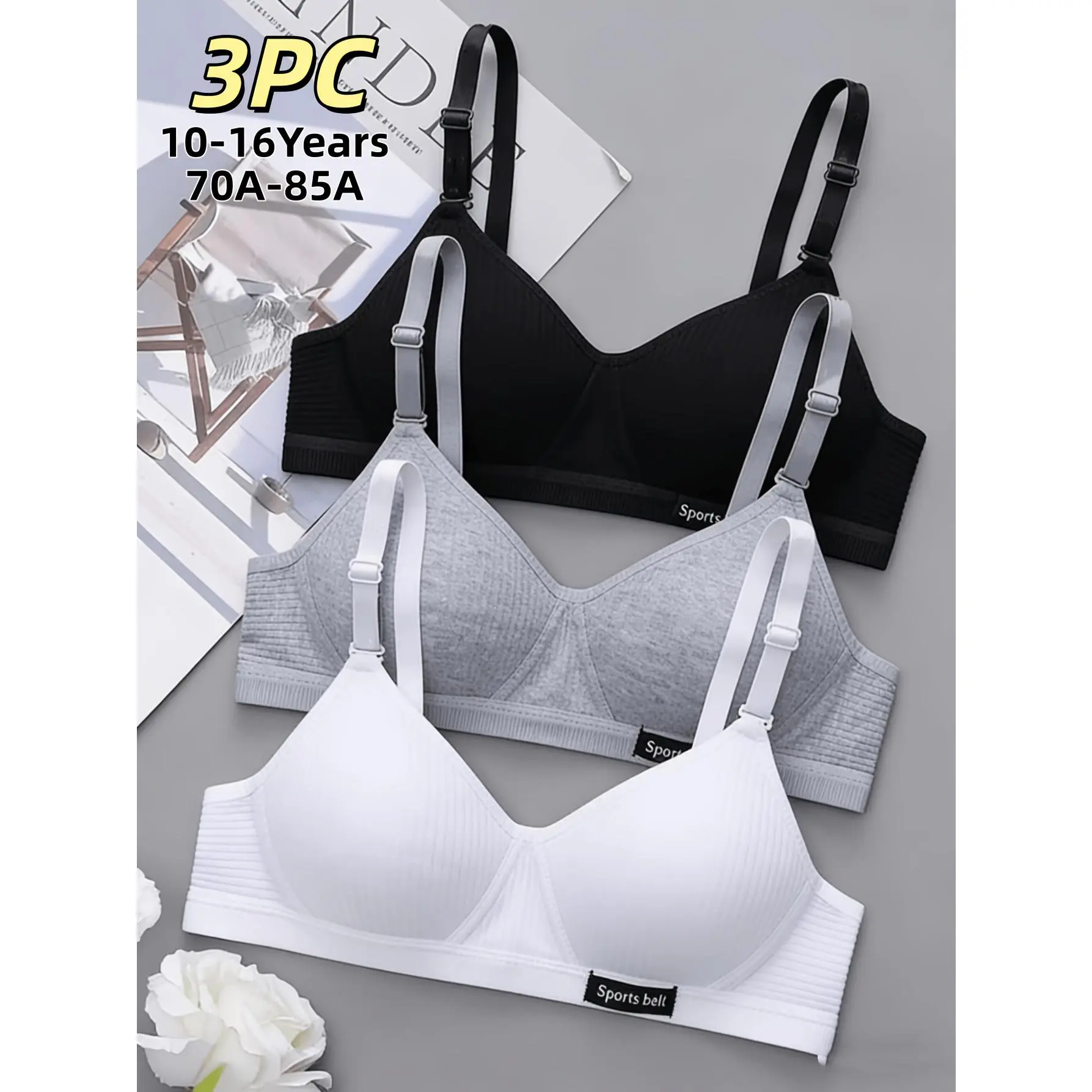 3pcs Youth Bras, Wire-Free Bras, Growth Period Bras, Adjustable Strap Anti-Sagging Comfort Bras, Non-Removable Padded Underwear, Suitable for Aged 9-16, for Teenager