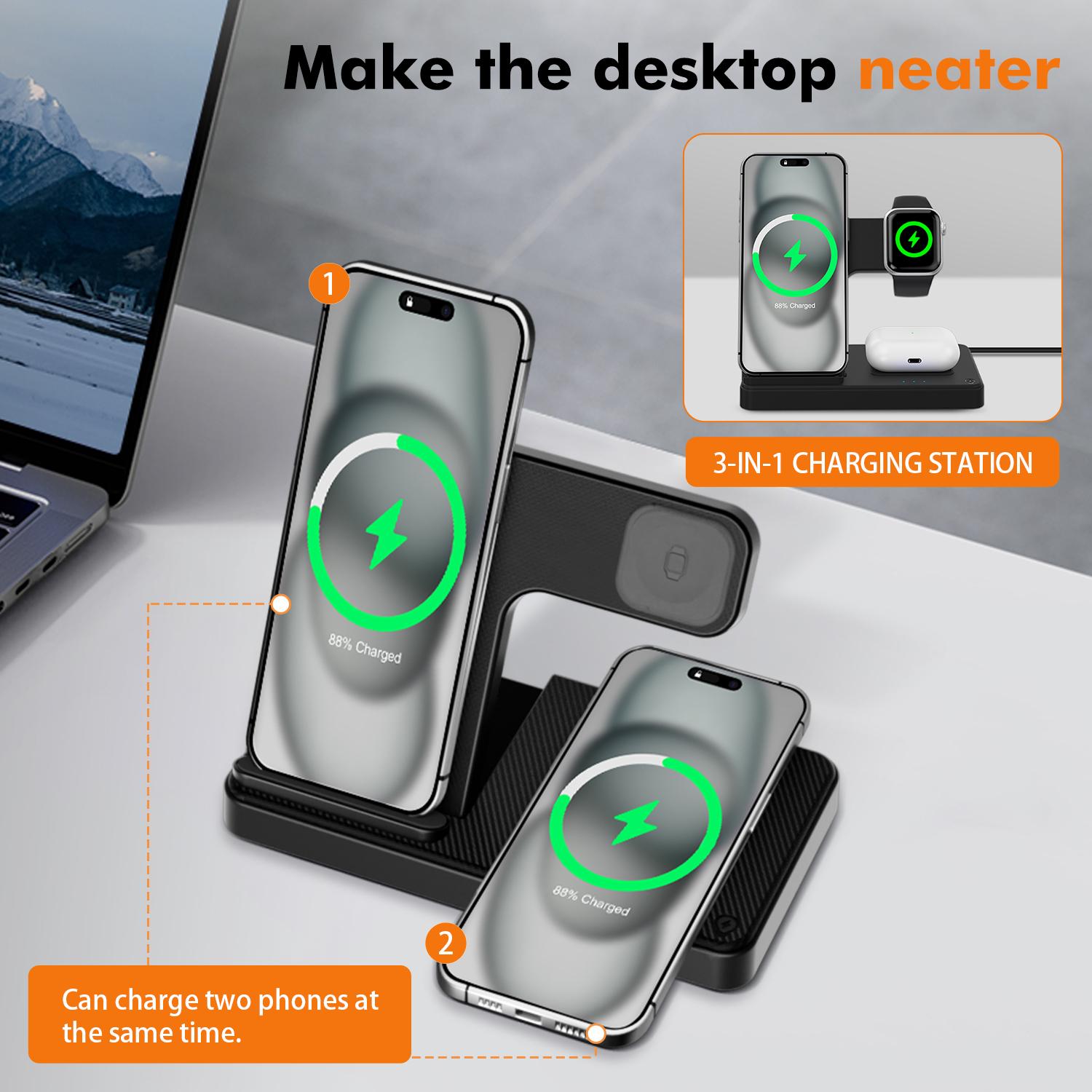 Portable 3-in-1 Wireless Charger Foldable Charging Station for iPhone 16 15 14 Pro Max 13 12 11 iWatch 9 8 7 6 5 4 3 2 SE AirPods 3 2 Pro Multiple Devices Compatible with Android Phones and Smartwatch Portable 3-in-1 Wireless Charger Foldable Charging Station for iPhone 16 15 14 Pro Max 13 12 11 iWatch 9 8 7 6 5 4 3 2 SE AirPods 3 2 Pro Multiple Devices Compatible with Android Phones and Smartwatch