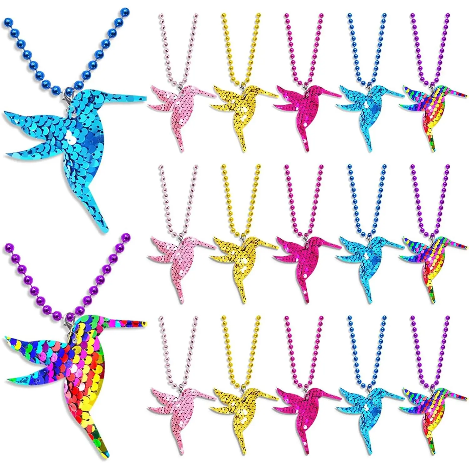 15 Pack Hummingbird Sequin Necklace Party Favors with Mardi Gras Beads for Party, Home Decorations, Festivals, Wedding, Birthday Celebrations, 5 Colors
