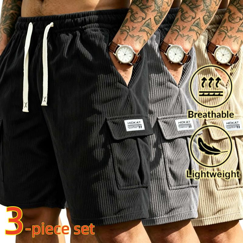 Men's Corduroy 3-Pieces Universal Casual Sports Shorts Set - Elastic Waist, Loose Pockets, Polyester, Black+Gray+Blue, Ideal for Outdoor Hiking, City Commuting, Breathable Summer Clothes