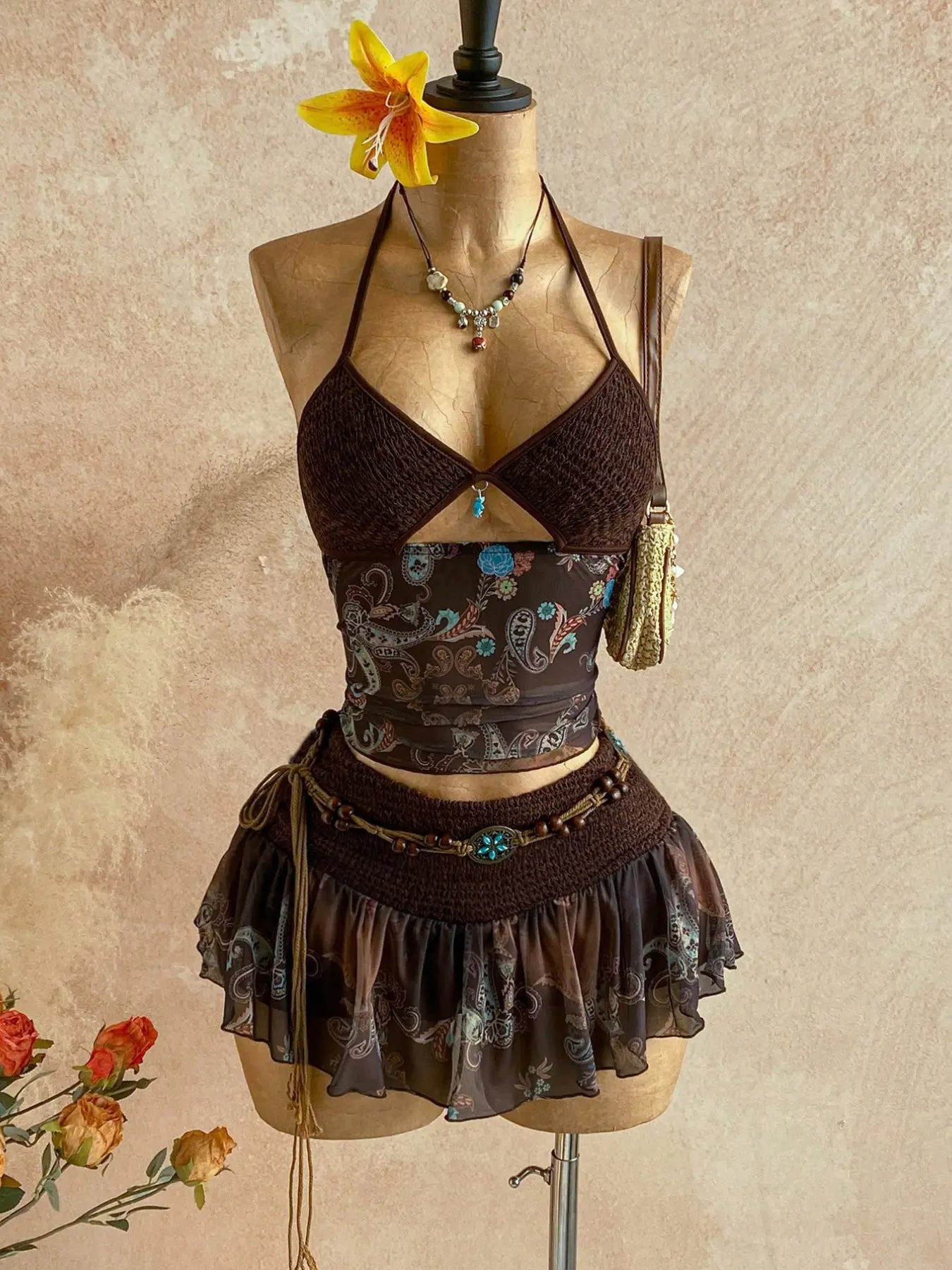 Women's Retro Vintage Paisley Crochet Two-Piece Set, Bohemian Halter Top & Ruffled Midi Skirt with Mesh Detail, Y2K Ethnic Style, for Casual, Vacation & Date, Spring/Summer/Fall